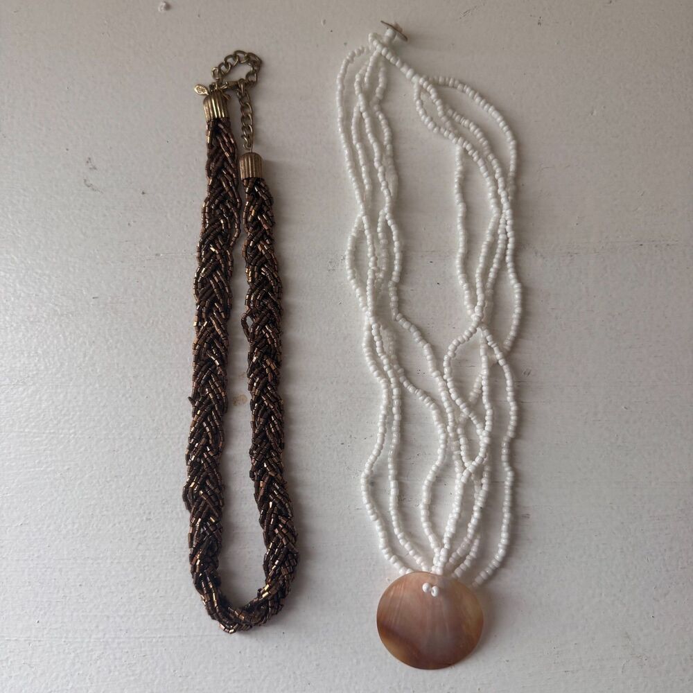 Multi Strand White Seed Bead w Shell Pendant and Gold Tone Braided Necklace